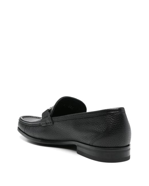 Ferragamo Black Leather Grandioso Gancini Flat Shoes for men