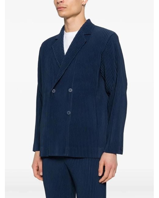 HOMME PLISSÉ Blue Homme Plisse Issey Miyake Pleated Double-Breasted Jacket for men
