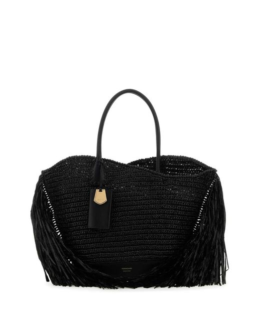 Ferragamo Black Raffia And Leather Big Shopping Bag