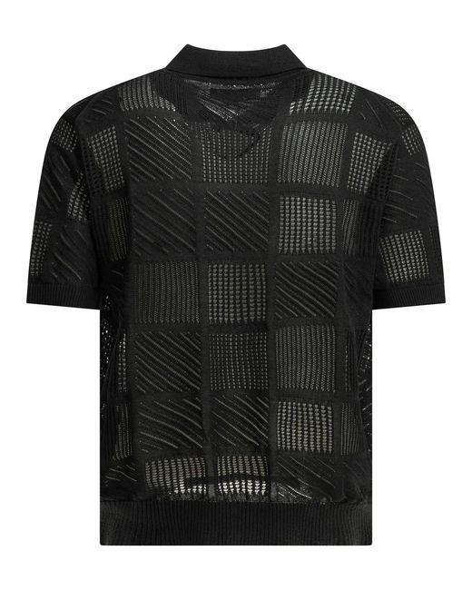 Beams Plus Black Cotton Nylon Spandex Textured Knit Button-Down Polo Shirt for men