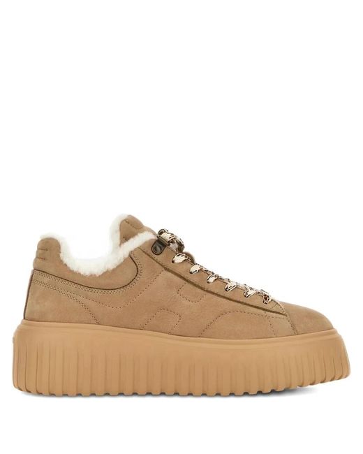 Hogan Natural H-Stripes Suede Sneakers With Shearling Lining