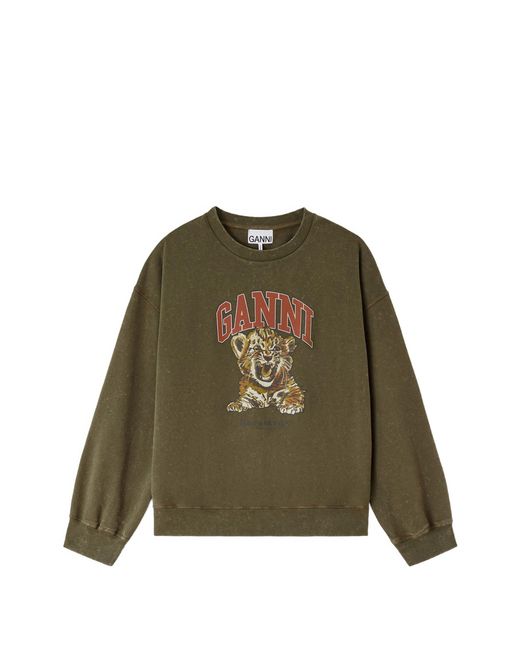 Ganni Green Crewneck With Tiger