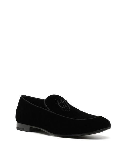 Giorgio Armani Black Embroidered Logo Velvet Loafers for men