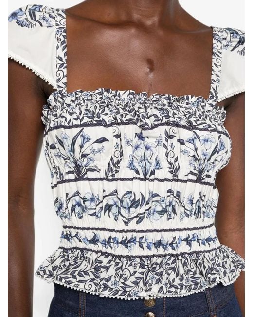 Farm Rio White "Flowers Arch" Off- Gatherend Blouse