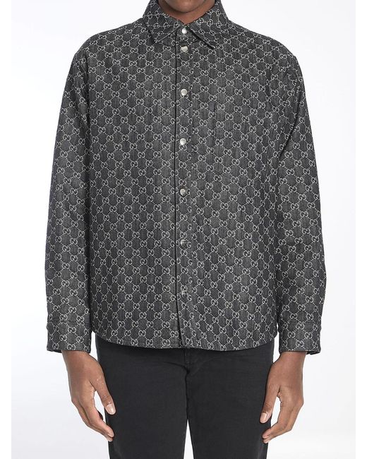 Gucci Gray Embrodiered Denim Reversible Shirt for men