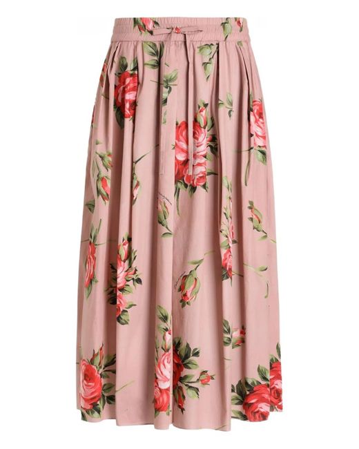 Dolce & Gabbana Red Dolce & Gabbana Rose Bouquet-Print Cotton Pleated Skirt