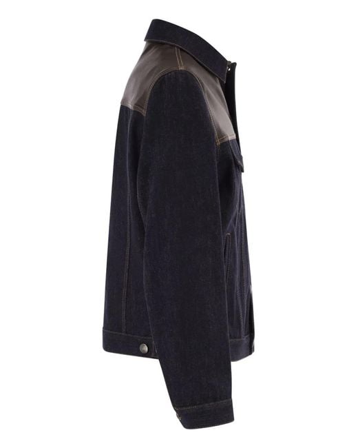 Brunello Cucinelli Black Cotton Denim Jacket With Leather Details for men