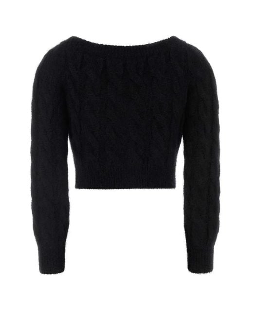 Alessandra Rich Black Mohair Blend Sequin Cable Knit Off-Shoulder Top