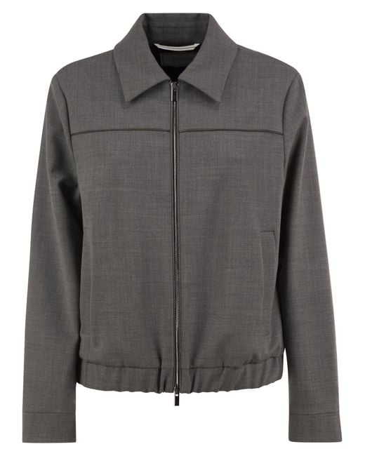 Peserico Gray Stretch Wool Blend Bomber Jacket