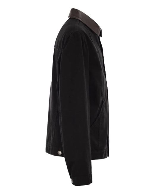 Brunello Cucinelli Black Lightweight Garment-Dyed Cotton Denim Jacket With Leather Collar for men