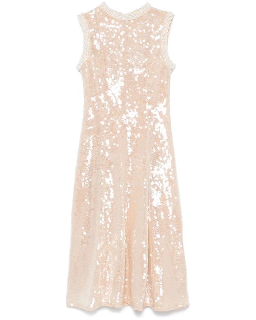 Self-Portrait Natural Sequin Pearl Trim Midi Dress