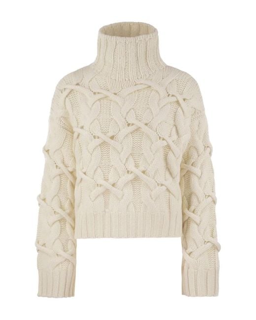 Brunello Cucinelli White Braided High-Necked Cashmere Sweater