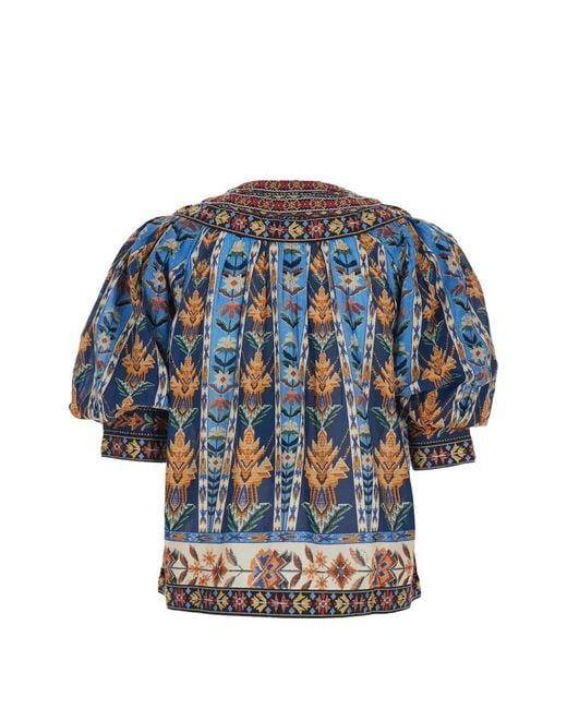 Farm Rio Blue Embroidered Tapestry Short Sleeve Blouse