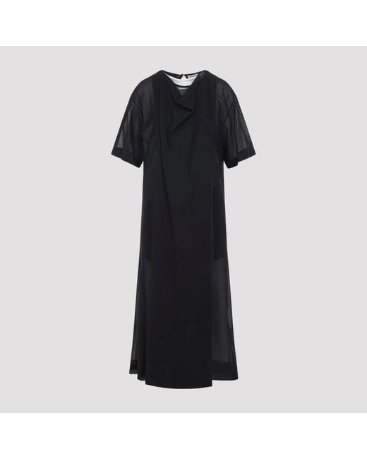 Carven Black Sheer Draped Cotton Midi Dress