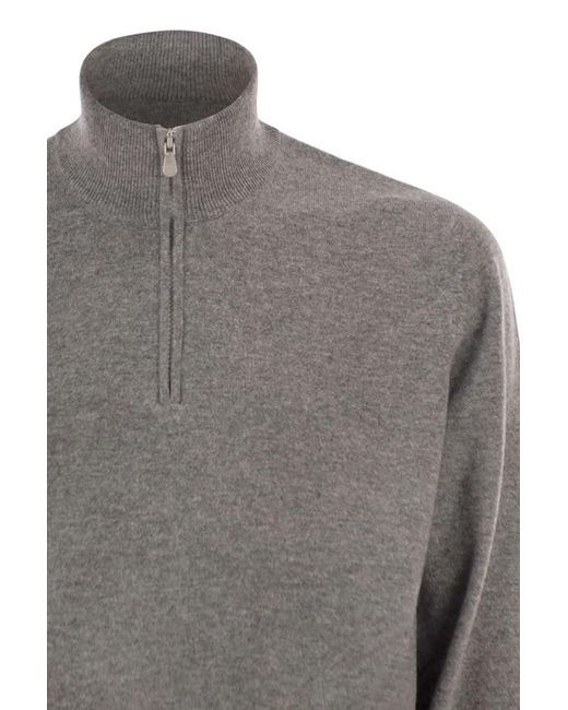 Brunello Cucinelli Gray Cashmere Turtleneck Sweater With Zipper for men