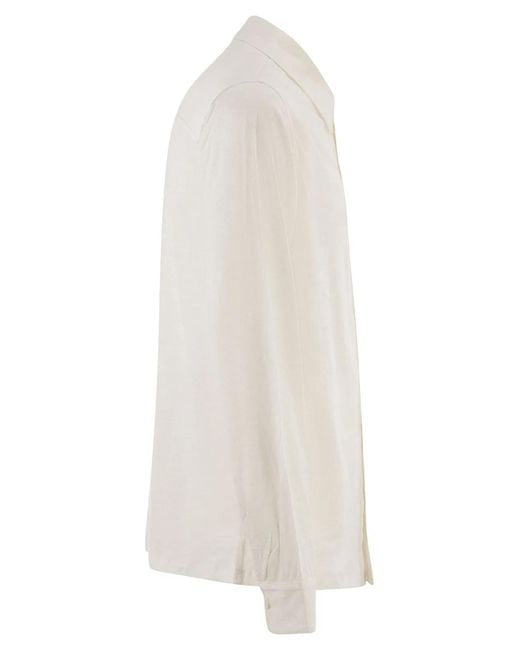 Majestic White Stretch Linen Shirt With Front Button Fastening for men