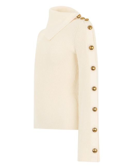 Elisabetta Franchi White Sweater With Asymmetrical Collar And Buttons