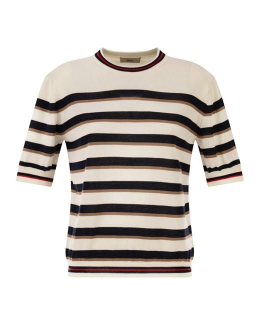 Herno White Short-Sleeved Striped Cotton Jumper