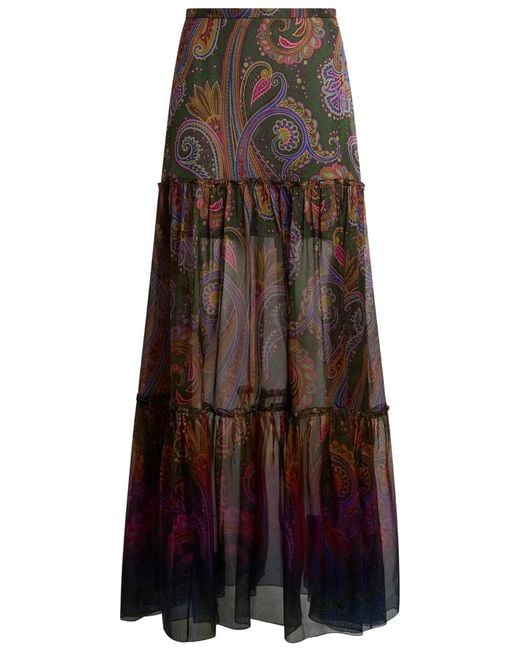 Etro Brown Silk Maxi Skirt With Placed Paisley Print