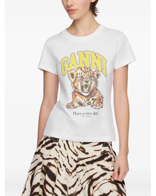 Ganni White Printed Cotton T-Shirt