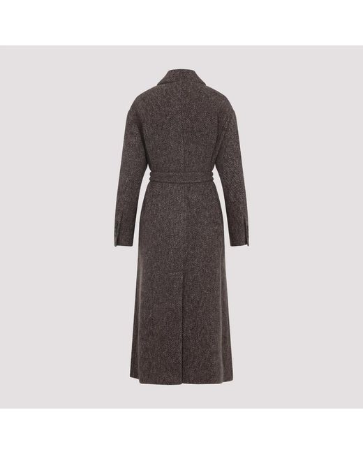 Brunello Cucinelli Brown Wool And Cashmere Diagonal Mélange Coat With Belt And Necklace
