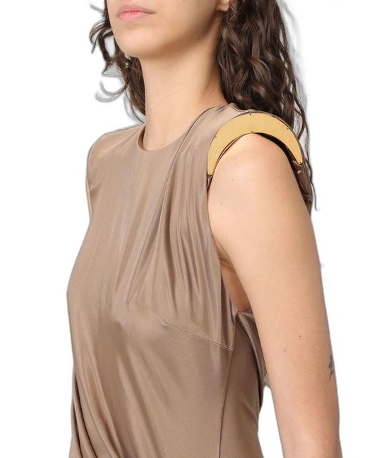 Elisabetta Franchi Natural Carpet Shiny Viscose Jersey Long Dress With Side Slit
