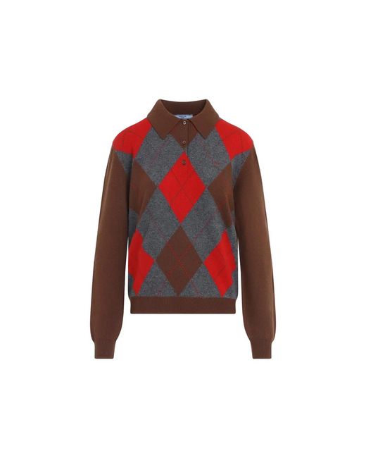 Prada Red Tabacco Ardesia Argyle Knit Polo Sweater