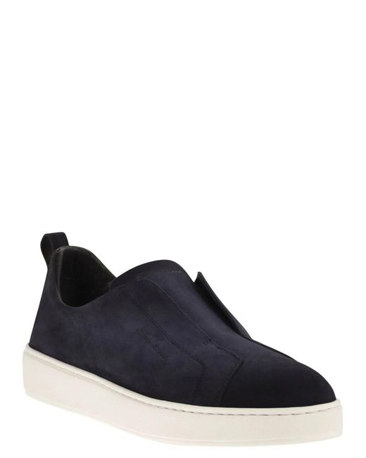 Santoni Blue Suede Leather Slip-On Trainers With Rubber Sole for men