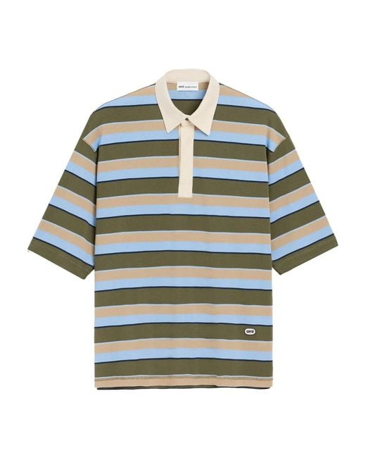 AMI Green Cotton Striped Polo Shirt for men