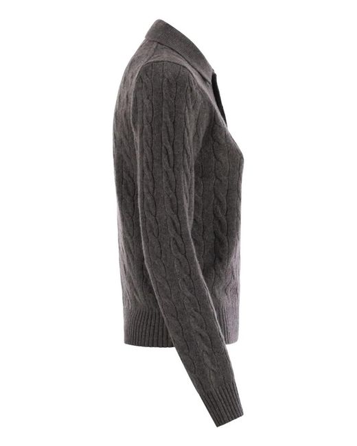 Polo Ralph Lauren Black Wool And Cashmere Polo Shirt With Cable Knit