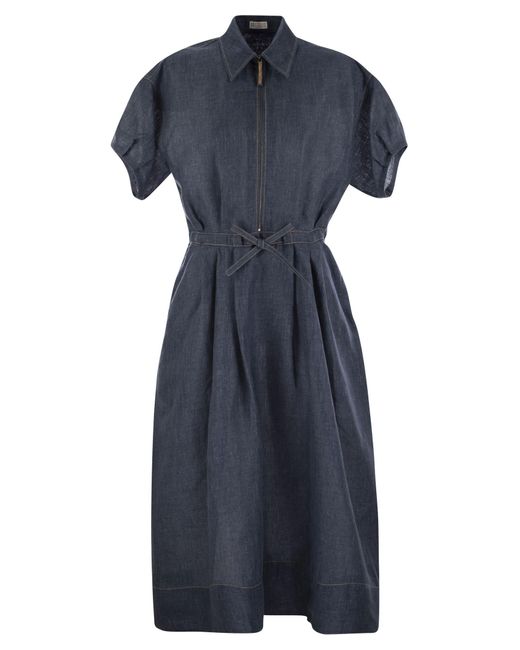 Brunello Cucinelli Blue Short-Sleeved Denim Effect Linen Dress