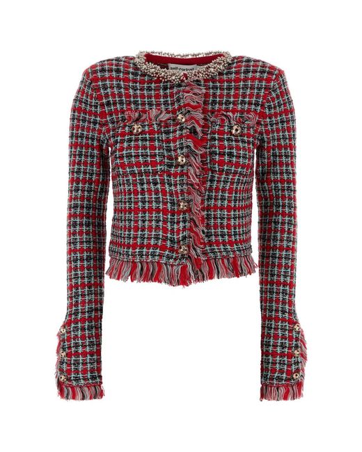 Self-Portrait Red Self Portrait Check Frayed Knit Jacket