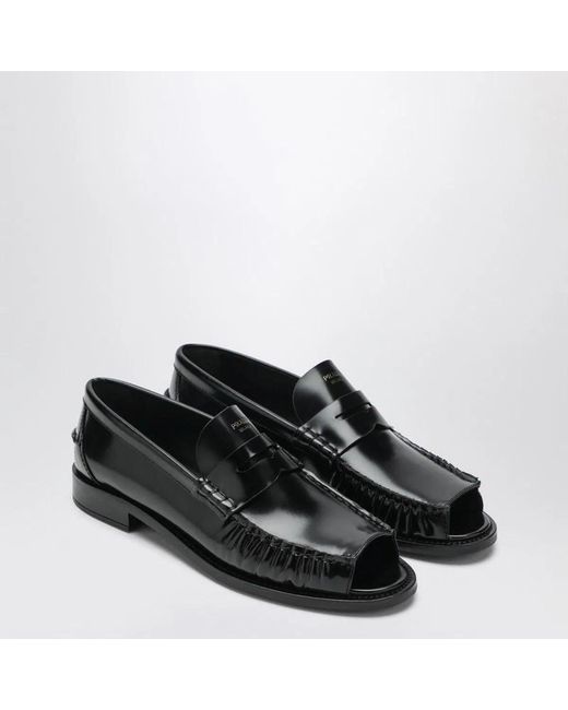 Prada Black Brushed Leather Peeptoe Loafers