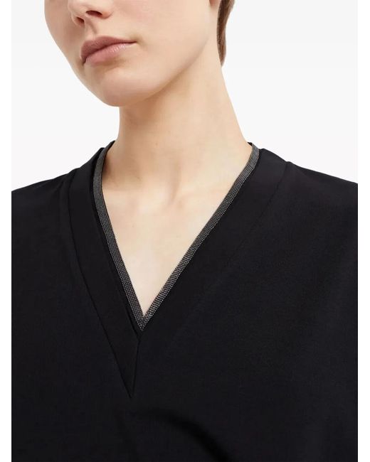 Brunello Cucinelli Black Monili Trim V-Neck Cotton T-Shirt