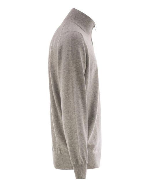 Brunello Cucinelli Gray High-Necked Cashmere Sweater With Zip Opening for men