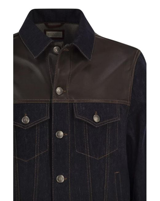 Brunello Cucinelli Black Cotton Denim Jacket With Leather Details for men