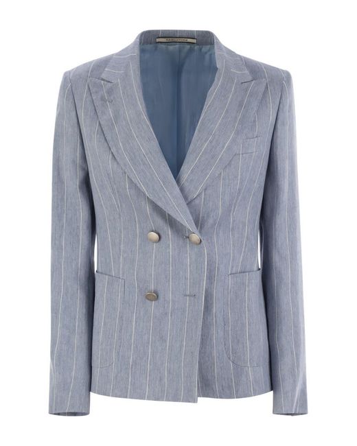 Tagliatore Gray Linen And Cotton Double-Breasted Pinstripe Blazer