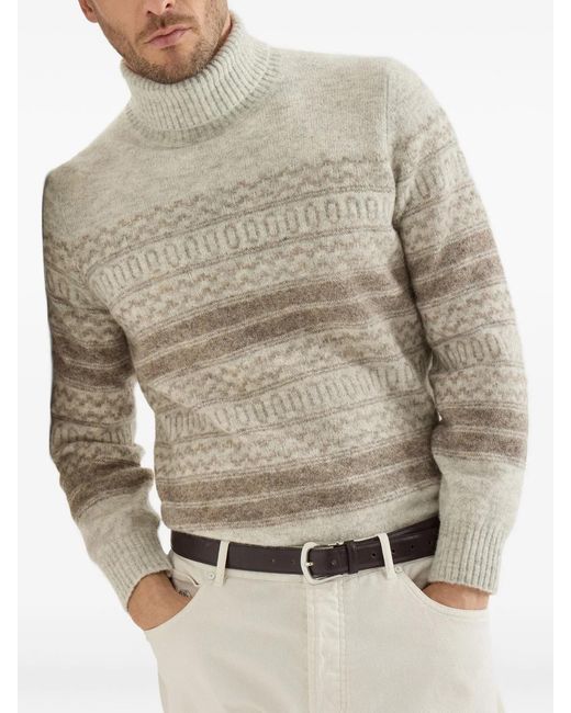 Brunello Cucinelli White Jacquard-Knit Roll-Neck Sweater for men