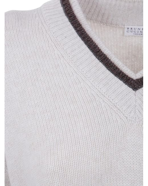 Brunello Cucinelli White Cashmere V Neck Sweater