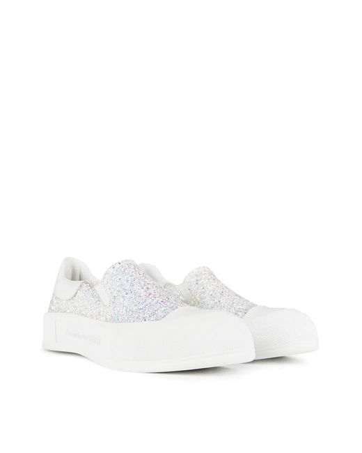 McQueen White Deck Plimsoll Glitter Slip On Sneakers