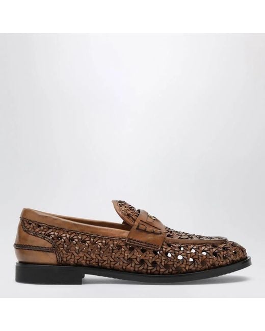 Miu Miu Brown Cognaccolored Woven Leather Penny Loafers