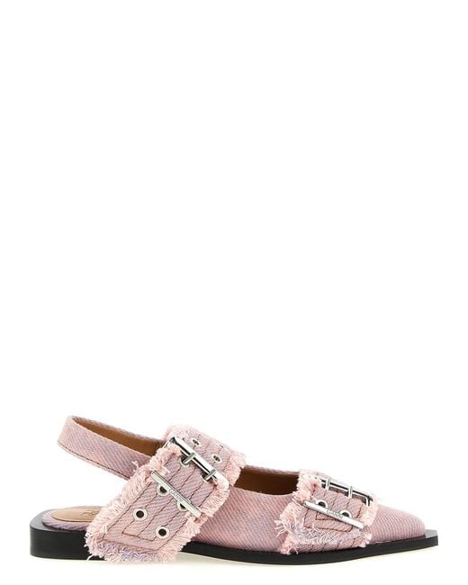 Ganni Pink 'Feminine Buckle Fringed Denim' Slingback