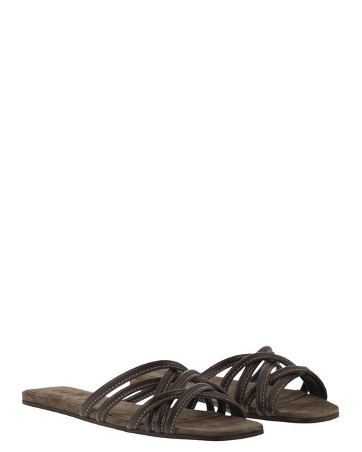 Brunello Cucinelli Black Flat Leather Sandals With Criss-Cross Straps