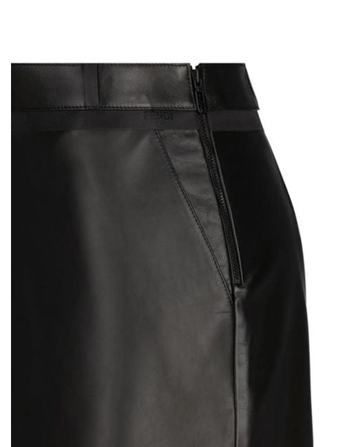 Fendi Black Leather Midi Skirt.