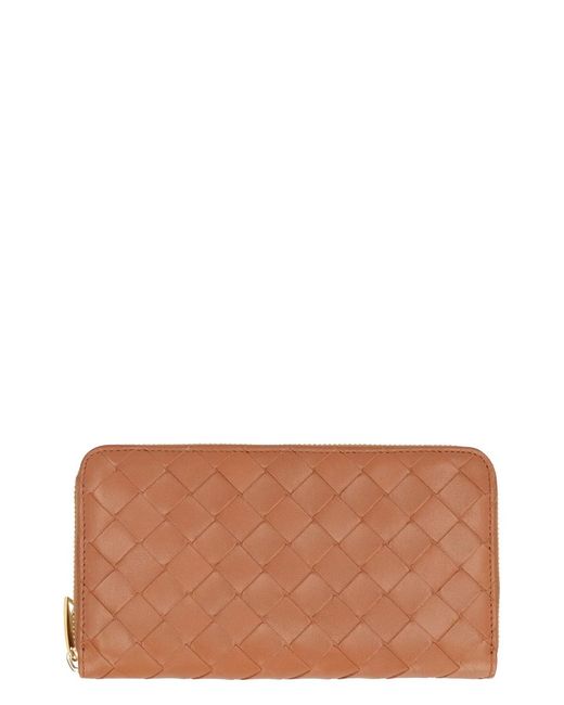 Bottega Veneta Brown Intrecciato Zip Around Wallet
