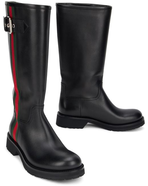 Gucci Black Leather Web Biker Boots