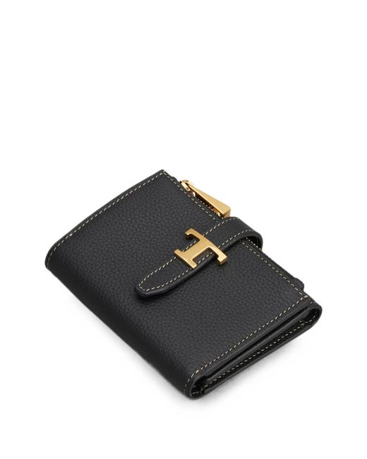 Tod's Black Tri-Fold Leather Wallet With Strap And Mini T Timeless Accessory