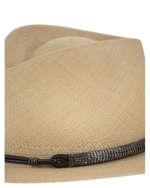 Brunello Cucinelli Natural Straw Fedora With Precious Leather Band