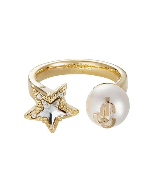 Jimmy Choo Metallic Finish Metal Ring With Crystal Star And Pearl