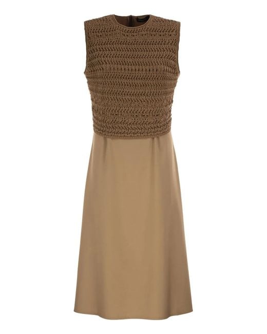 Fabiana Filippi Brown Midi Dress With Crochet Bodice And Fluid Skirt